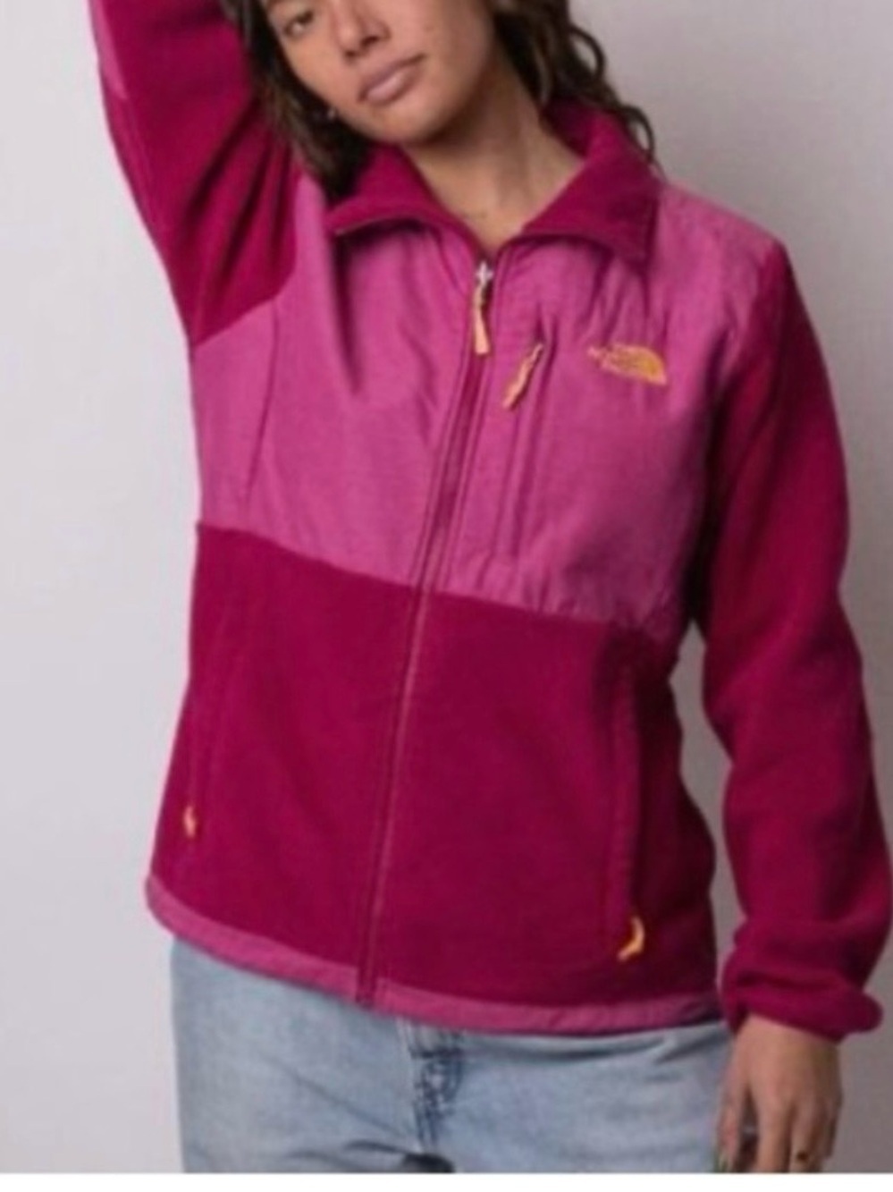 The North Face Women's XL Pink Two-Tone Fleece Jacket With Orange Details